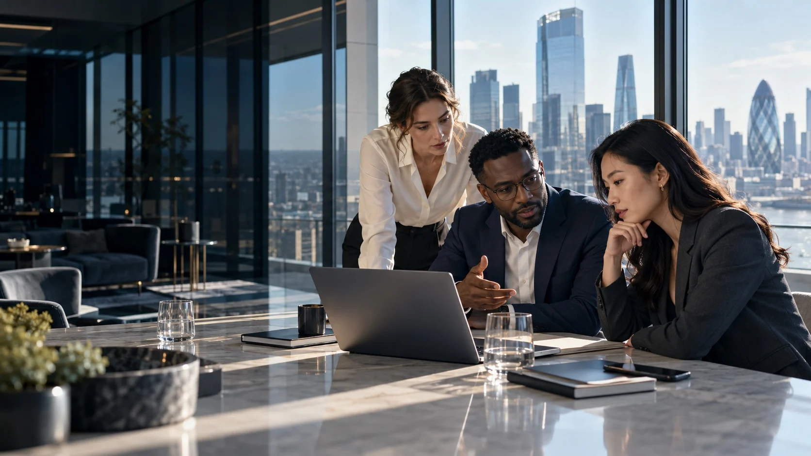 International technology team collaborating in a modern city office