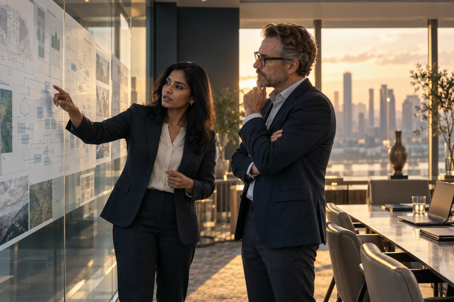 Enterprise architects reviewing system plans on a glass wall